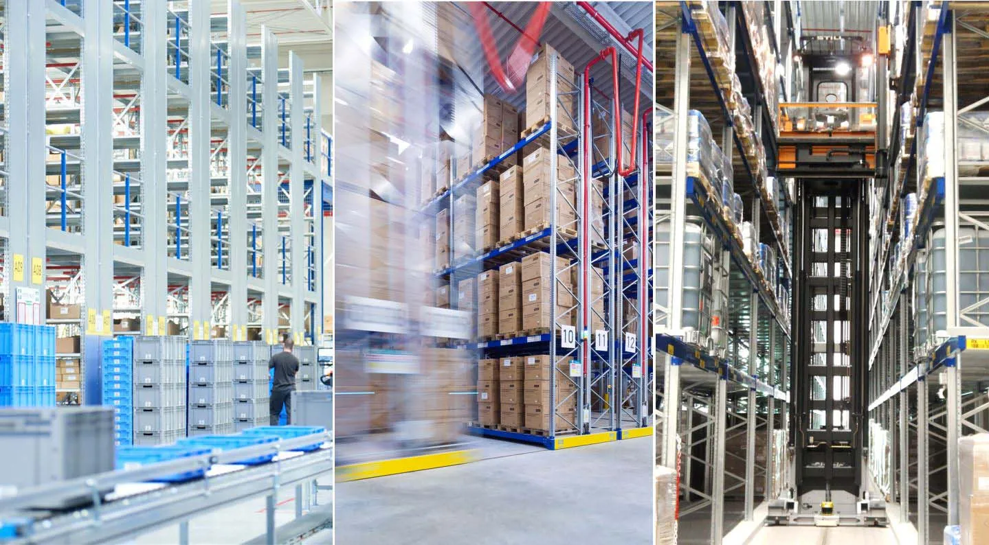 Verschiedene Lagersysteme in Betrieb: Kleinteile-, Paletten- und Hochregallager