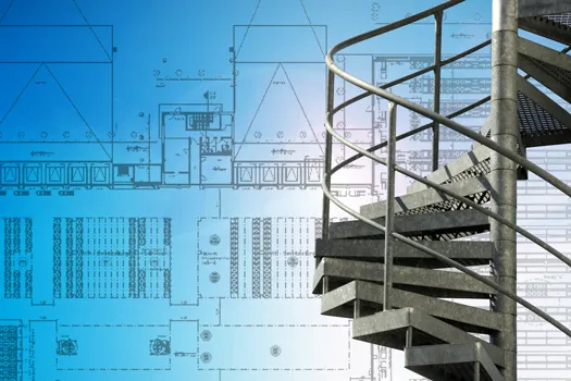 Bauplan und Wendeltreppe als Symbol für die Leistungsphasen der Logistikplanung